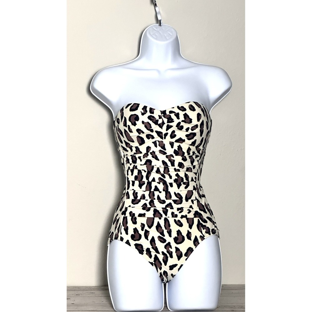 DKNY Women's Bandeau One Piece Swimsuit Size 4 Ivory Brown Black - Picture 2 of 16